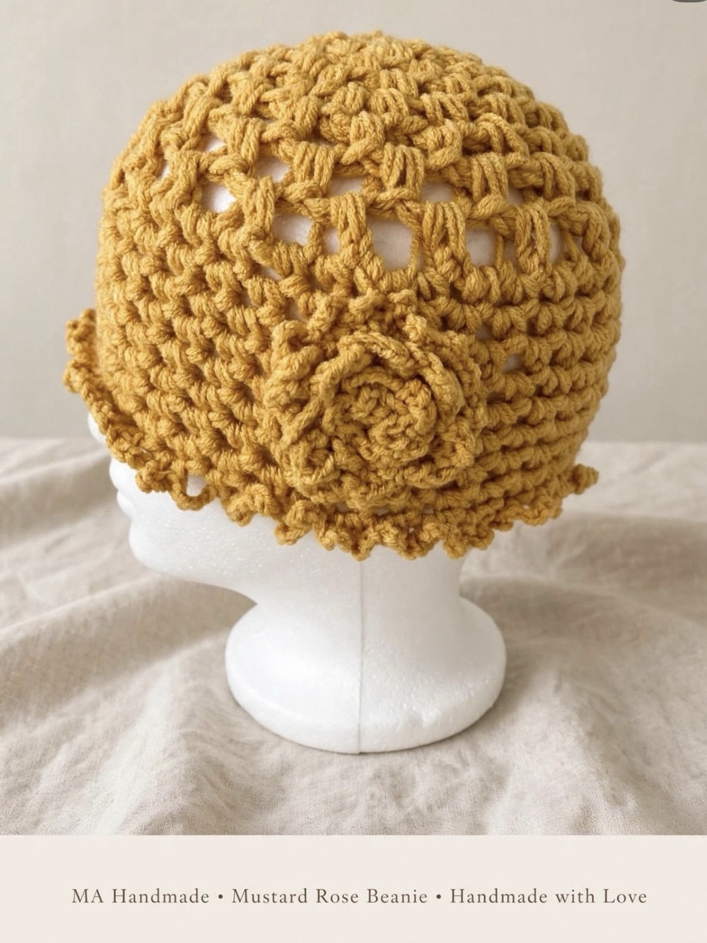 MA Handmade Mustard Rose Beanie Crochet Hat in Yellow